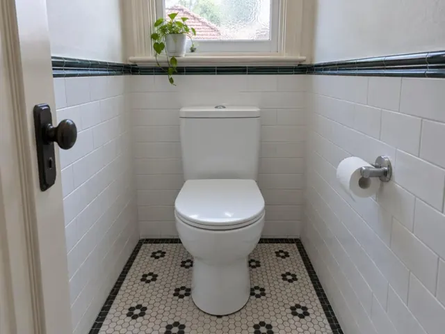 Clean white toilet in a tiled small bathroom with a window and patterned floor in Coogee